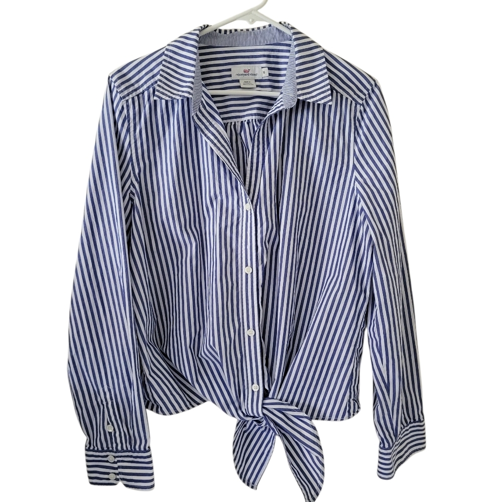 Vineyard Vines Blue Striped Front Tie Blouse - Picture 2 of 8